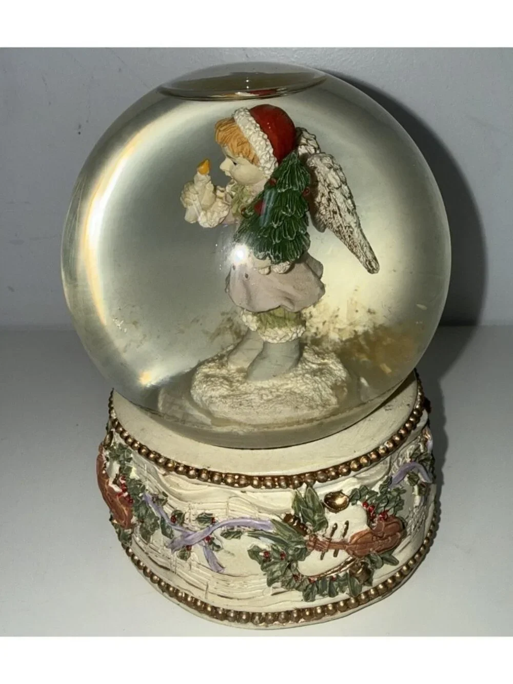 Vintage Christmas Angel Snow Globe Musical Box Holioday Decor Violin Holly Base